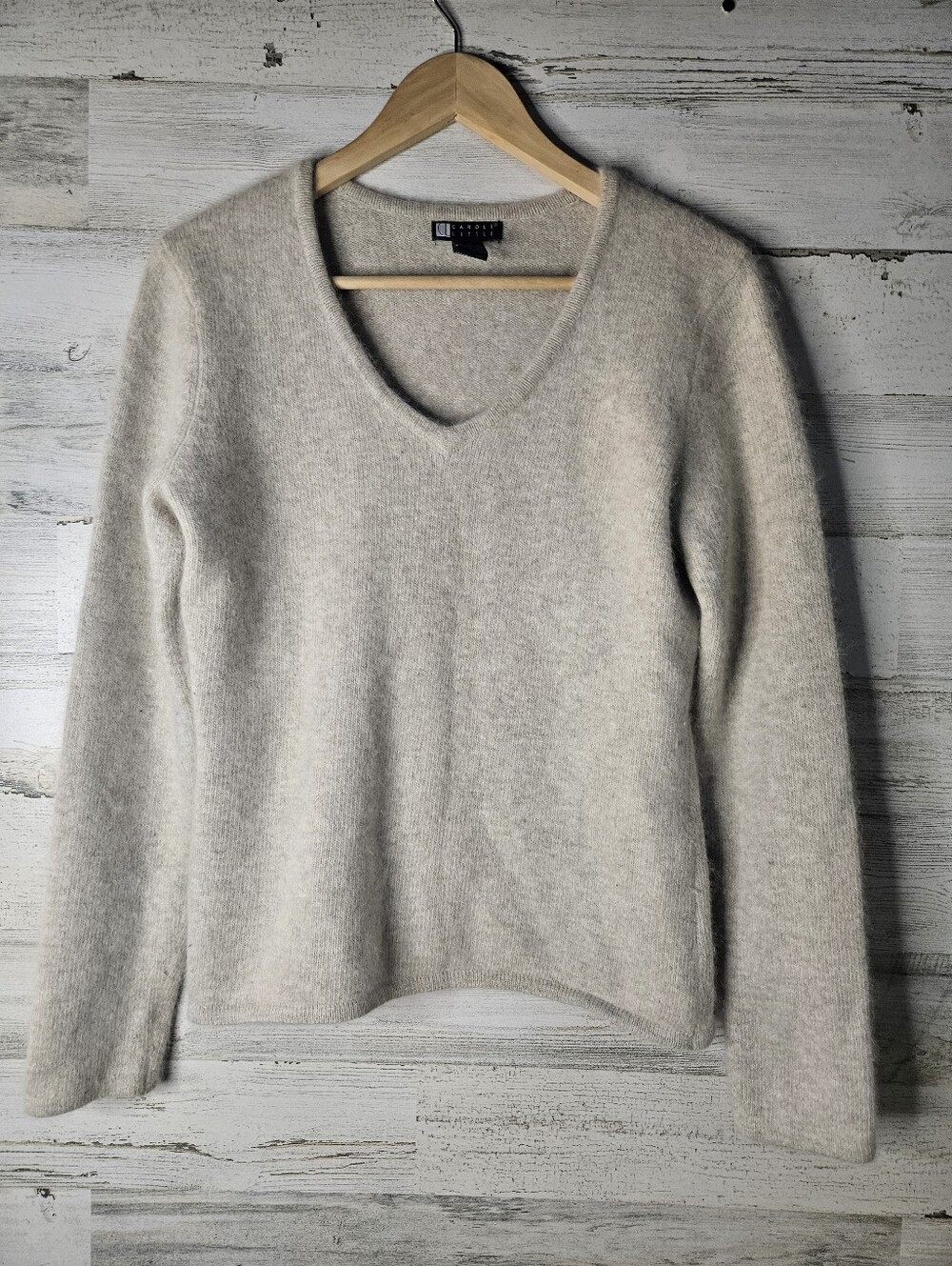 Vintage Angora and wool Blend Vneck Sweater Fluffy Oatmeal Womens Small EUC
